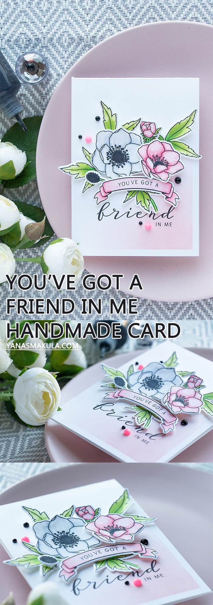 WPlus9 | Modern Anemones in Pink and White. You've got a friend in me card by Yana Smakula