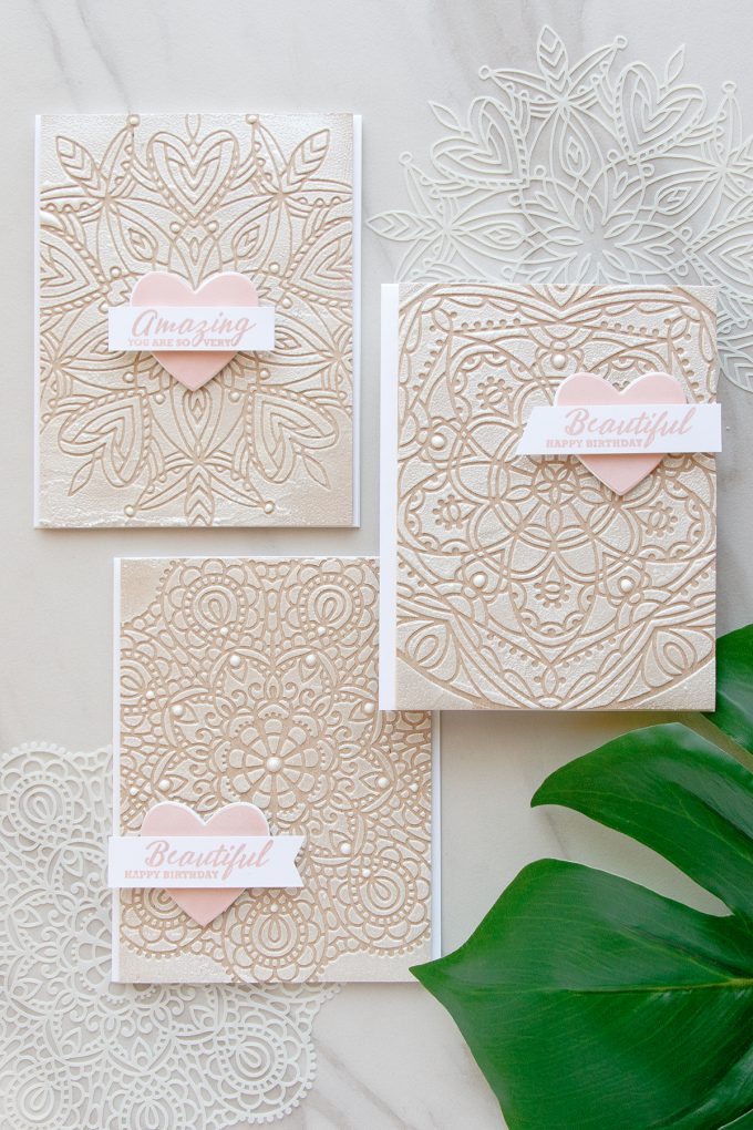 Simon Says Stamp | Textured Lace Cards using Star Medallion, Heart Mandala and Circular Lace stencils from Simon Says Stamp. Cards by Yana Smakula. Video tutorial