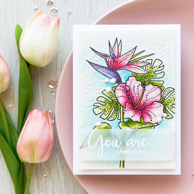 Simon Says Stamp | You Are Cherished Tropical Watercolor Card using Summer Flowers and Thoughtful Messages stamps