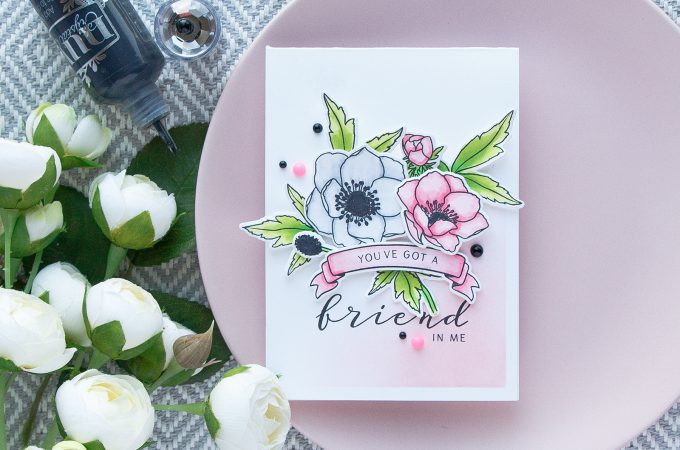 WPlus9 | Modern Anemones in Pink and White. You've got a friend in me card by Yana Smakula