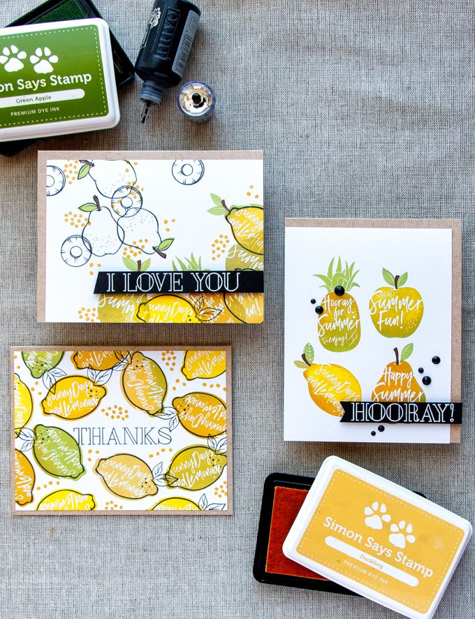 Simon Says Stamp | Multicolor Stamping using Solid Images. Video Tutorial - Dancing Fruit cards by Yana Smakula