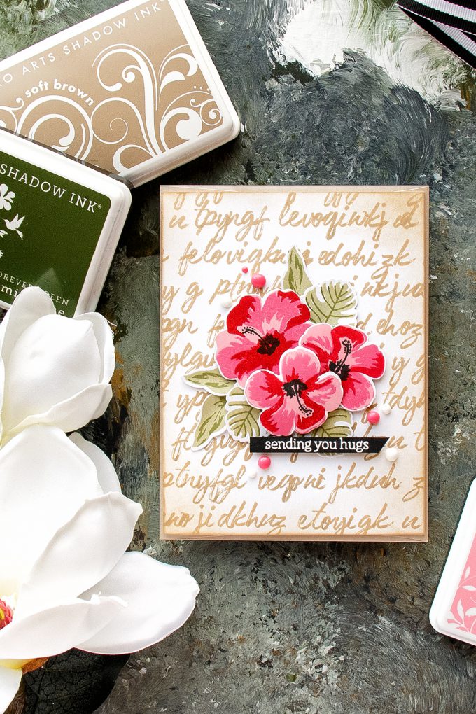 Hero Arts | Illegible Writing Background card by Yana Smakula for Hero Arts. Video Tutorial using CM161 Brushstroke Alphabet and Hibiscus Flowers