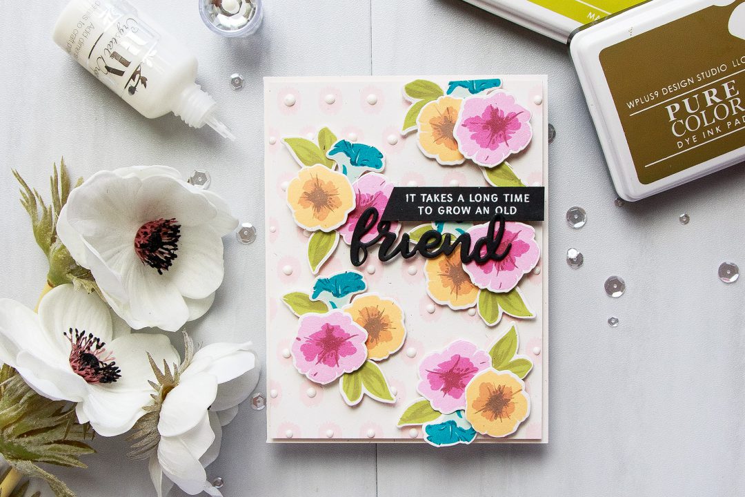 WPlus9 | Stamped Dimensional Petunias Pattern - Friendship Card