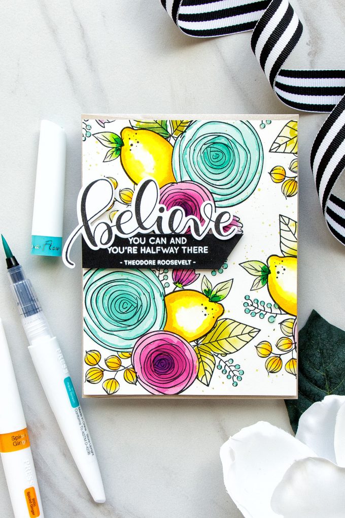 Simon Says Stamp | Stamped & Watercolor Pattern with Nuvo Aqua Flow Pens. Video tutorial by Yana Smakula. Using Simon Says Stamp Sketch Ranunculus & Dancing Fruits Stamp sets