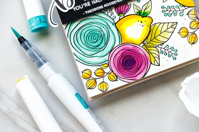 Simon Says Stamp | Stamped & Watercolor Pattern with Nuvo Aqua Flow Pens. Video tutorial by Yana Smakula. Using Simon Says Stamp Sketch Ranunculus & Dancing Fruits Stamp sets