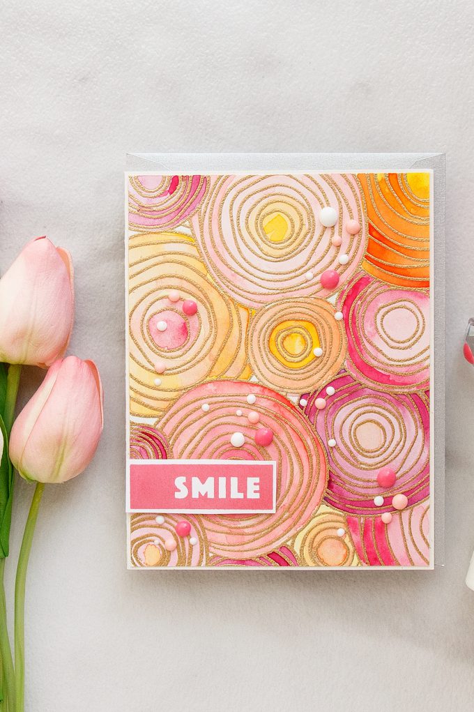 Simon Says Stamp | Bold Watercolor Flowers with Circle Doodle Stamp. Smile card by Yana Smakula