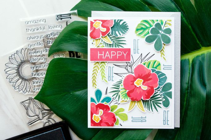 Simon Says Stamp | Dimensional Pattern Stamping. Video. Tropical Leaves & Summer Flowers Be Happy Card by Yana Smakula