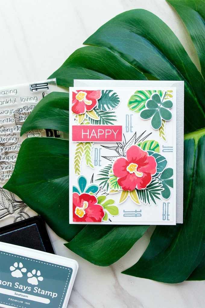 Simon Says Stamp | Dimensional Pattern Stamping. Video. Tropical Leaves & Summer Flowers Be Happy Card by Yana Smakula