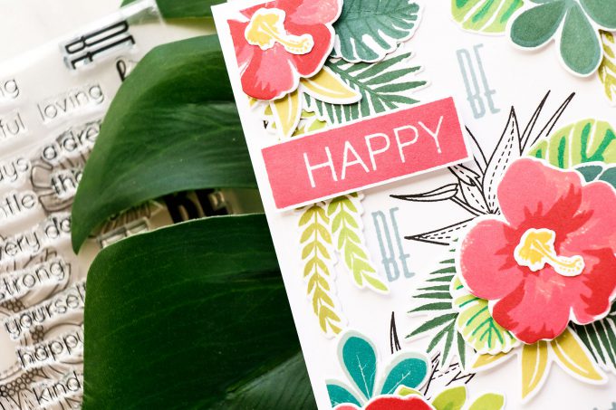 Simon Says Stamp | Dimensional Pattern Stamping. Video. Tropical Leaves & Summer Flowers Be Happy Card by Yana Smakula