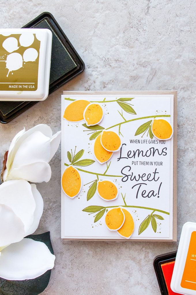 WPlus9 | Lemon Tree Branches Pattern. When Life Gives You Lemons - Put Them in Your Sweet Tea. Handmade card using Summer Citrus stamp set from WPlus9 Video tutorial by Yana Smakula