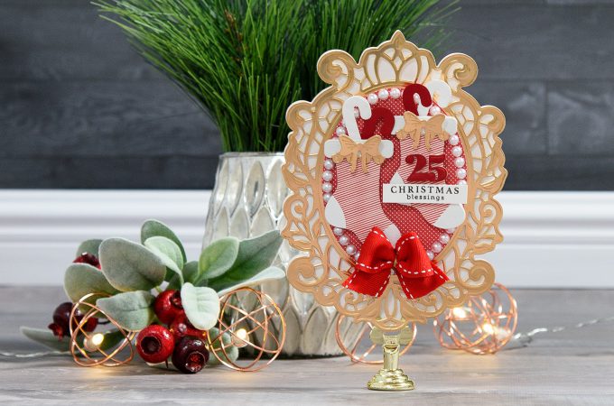 Spellbinders | Layered Dimensional Die Cutting. Episode #3 - Shaped Christmas Card. Christmas Blessings Card by Yana Smakula using Spellbinders S2-266 Ho Ho Ho, S3-272 Build a Stocking and S6-125 Victoriana Crest Dies