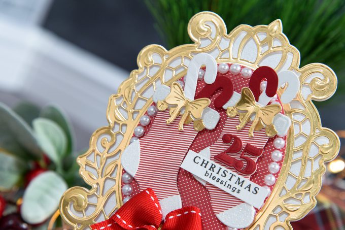 Spellbinders | Layered Dimensional Die Cutting. Episode #3 - Shaped Christmas Card. Christmas Blessings Card by Yana Smakula using Spellbinders S2-266 Ho Ho Ho, S3-272 Build a Stocking and S6-125 Victoriana Crest Dies