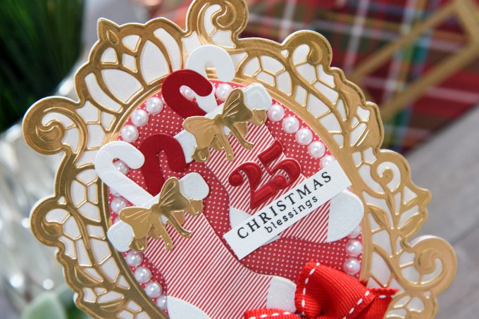 Spellbinders | Layered Dimensional Die Cutting. Episode #3 - Shaped Christmas Card. Christmas Blessings Card by Yana Smakula using Spellbinders S2-266 Ho Ho Ho, S3-272 Build a Stocking and S6-125 Victoriana Crest Dies