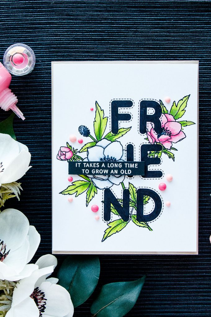 Simon Says Stamp | Outline Letters Into Solid With Copics. Video tutorial. Modern Anemones and Stitched Alphabet stamp sets. Floral Friendship card