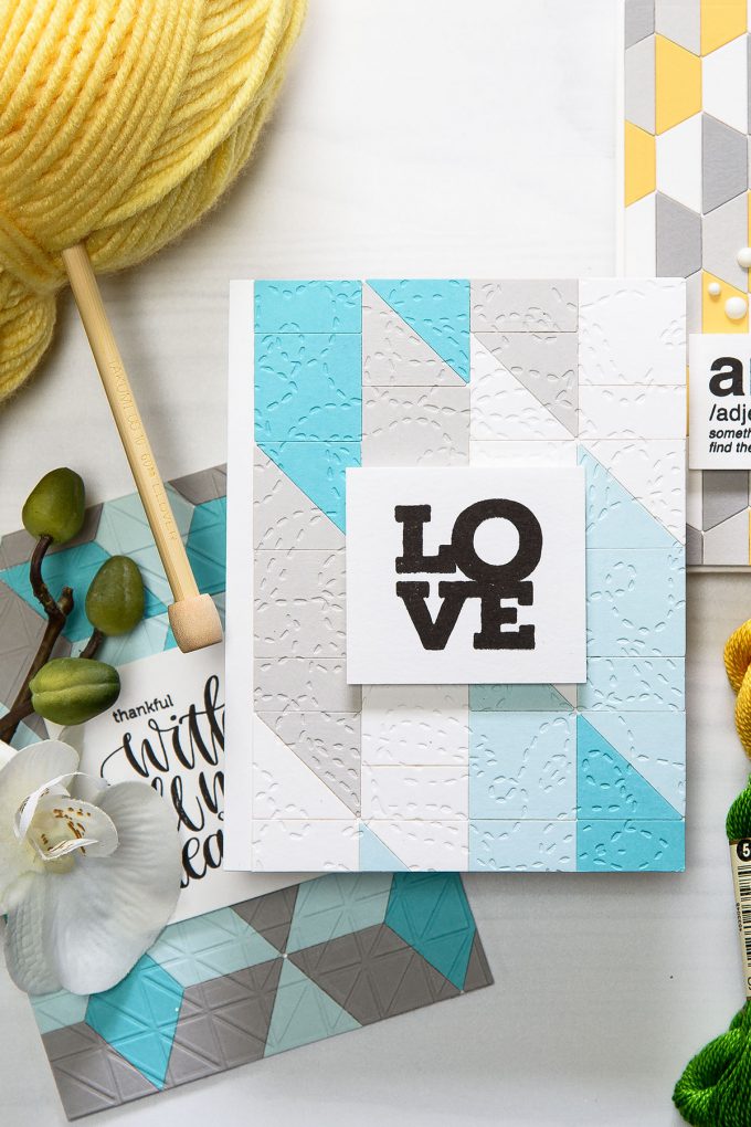 Spellbinders | Love Card with Quilt It dies. Handmade card by Yana Smakula. Die D-lites Half Square Triangle Quilt Etched Dies Quilt It by Lene Lok. #Spellbinders #cardmaking #papercrafting #diecutting