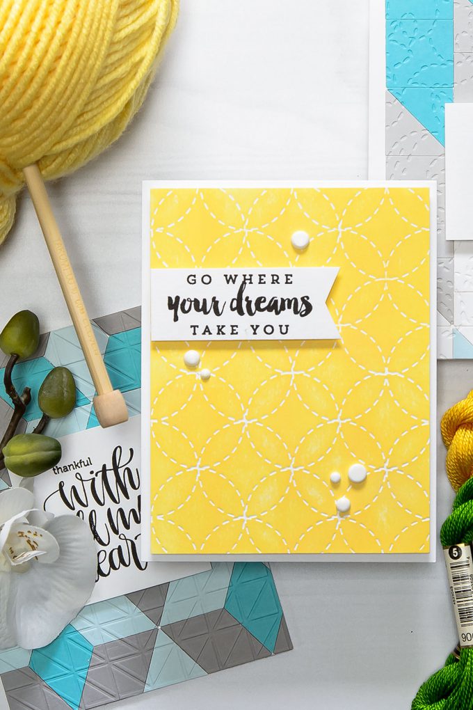 Spellbinders | Go Where Your Dreams Take You project with Quilt It Dies. Wedding Ring Stitch Em-bossing Fold'ers Quilt It by Lene Lok. Handmade card by Yana Smakula. #Spellbinders #cardmaking #papercrafting #diecutting