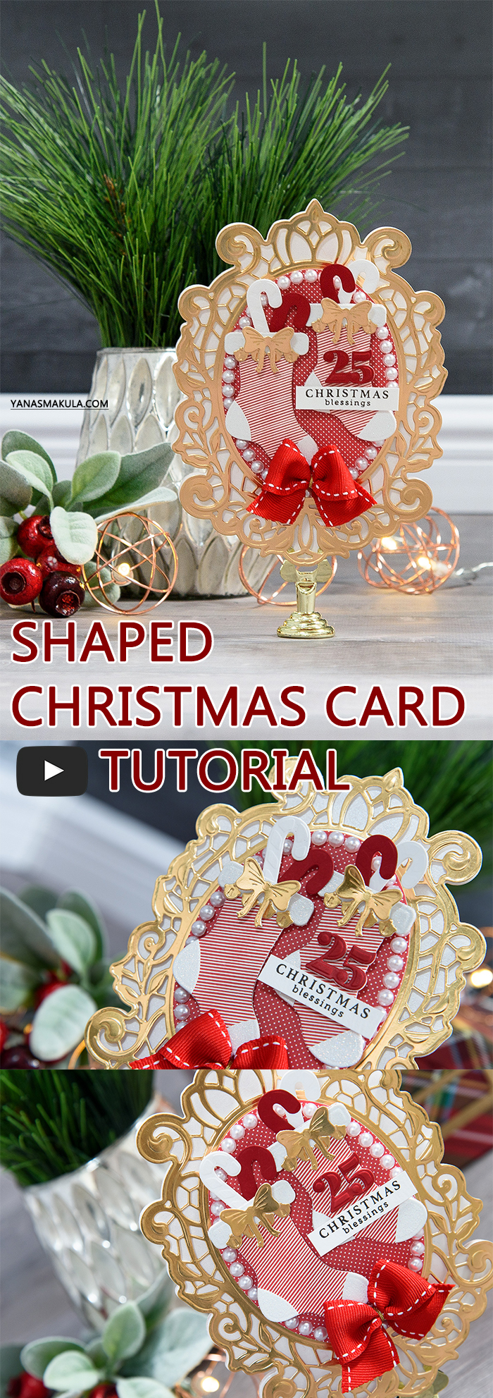 Spellbinders | Layered Dimensional Die Cutting. Episode #3 - Shaped Christmas Card. Christmas Blessings Card by Yana Smakula using Spellbinders S2-266 Ho Ho Ho, S3-272 Build a Stocking and S6-125 Victoriana Crest Dies