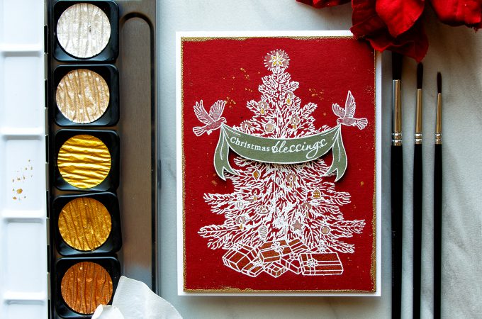 Hero Arts | Winter 2017 Catalog - Christmas Blessings card by Yana Smakula using DC218 Christmas Banner Stamp & Cut S6252 Classic Christmas Tree stamps.