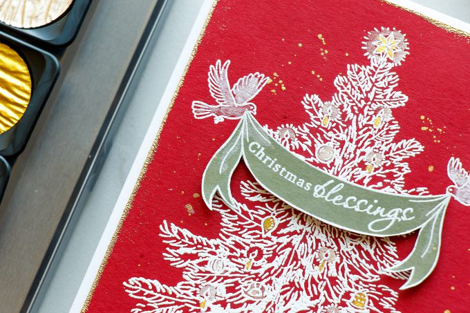 Hero Arts | Winter 2017 Catalog - Christmas Blessings card by Yana Smakula using DC218 Christmas Banner Stamp & Cut S6252 Classic Christmas Tree stamps. 