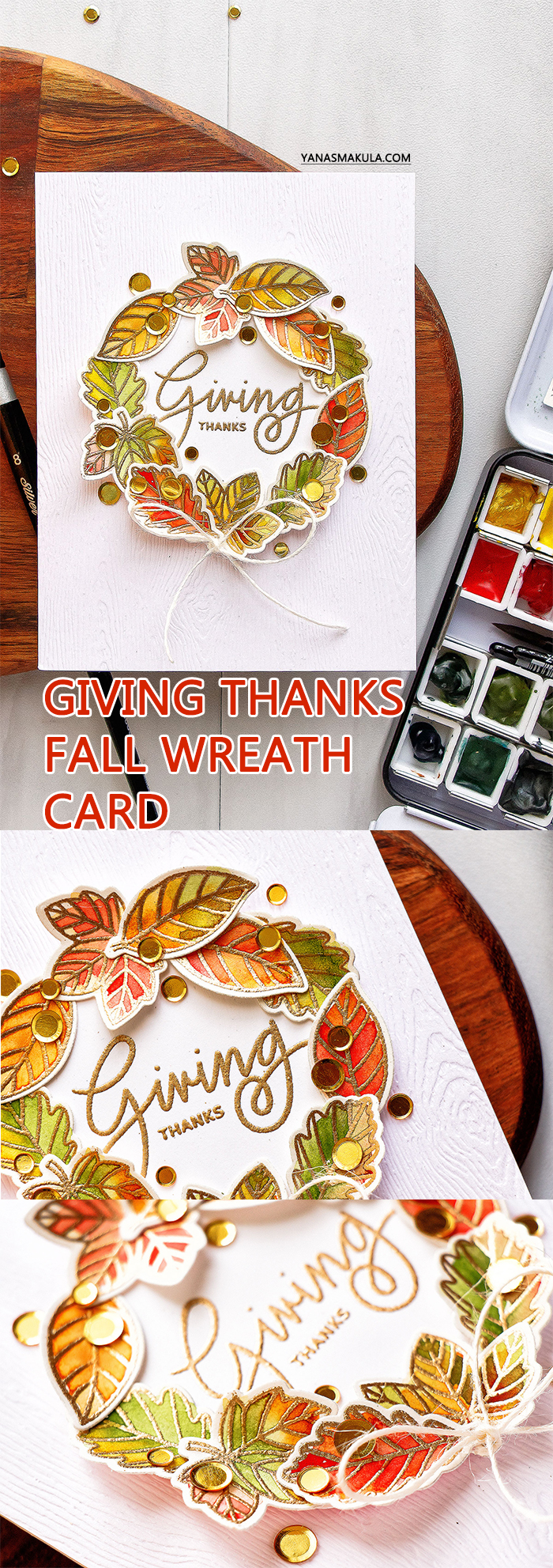 Pretty Pink Posh - Happy Turkey | Fall Leaves Watercolor Wreath card by Yana Smakula