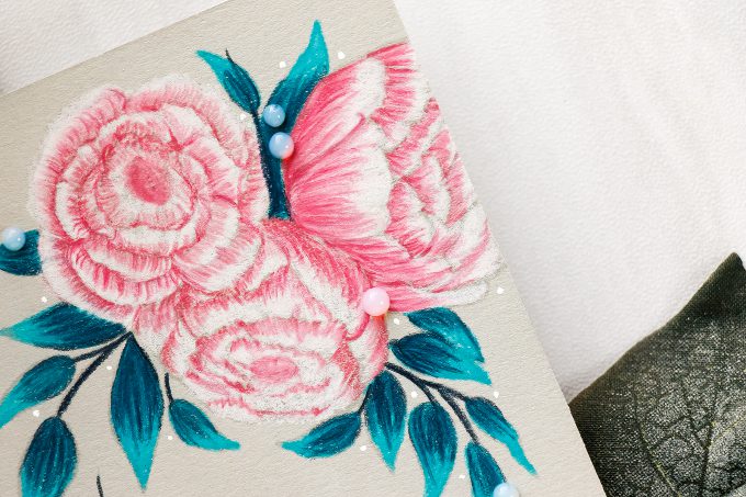 It’s STAMPtember! | Studio Katia Exclusive – Blooming Trio card by Yana Smakula. Polychromos pencils colored peonies. 