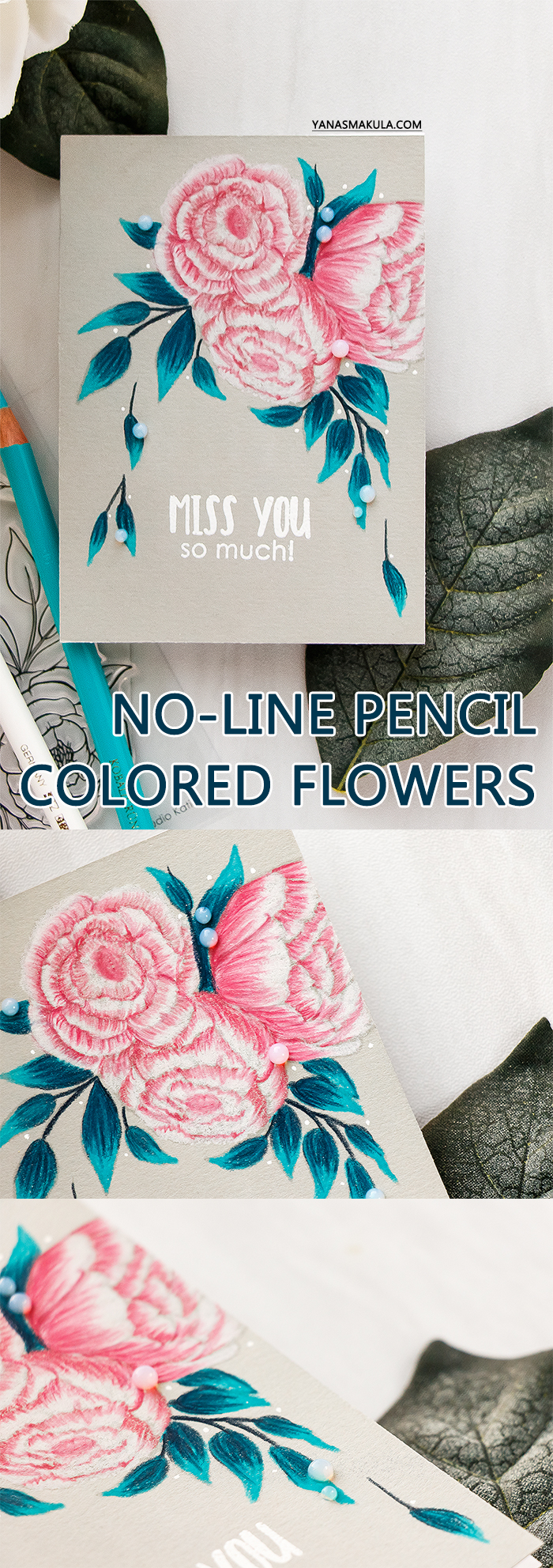 It’s STAMPtember! | Studio Katia Exclusive – Blooming Trio card by Yana Smakula. Polychromos pencils colored peonies.