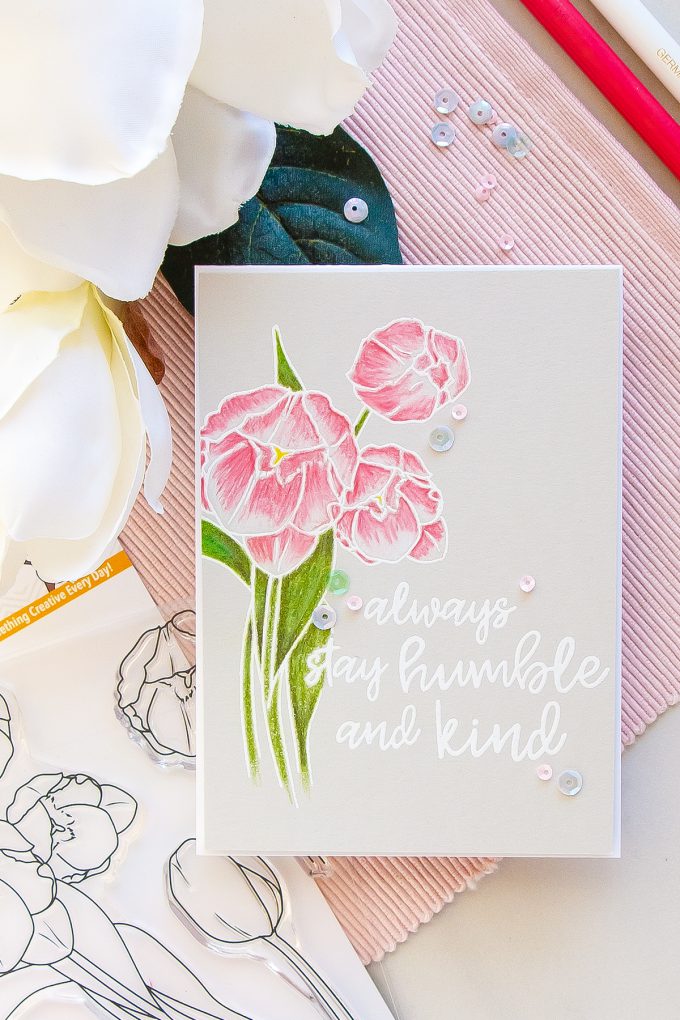 It’s STAMPtember! | WPlus9 Exclusive – Humble & Kind. Pencil colored tulips card by Yana Smakula