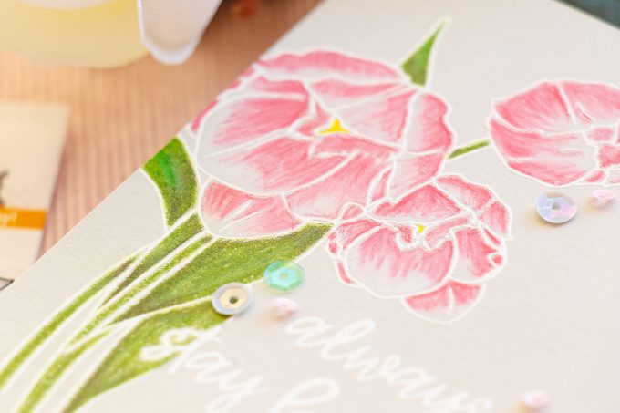 It’s STAMPtember! | WPlus9 Exclusive – Humble & Kind. Pencil colored tulips card by Yana Smakula