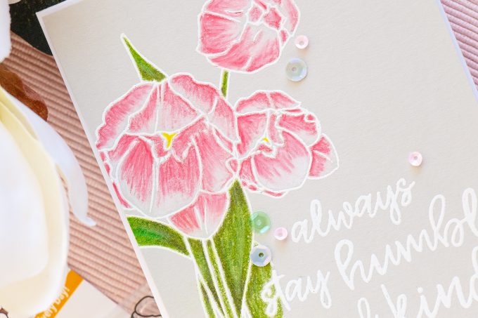 It’s STAMPtember! | WPlus9 Exclusive – Humble & Kind. Pencil colored tulips card by Yana Smakula