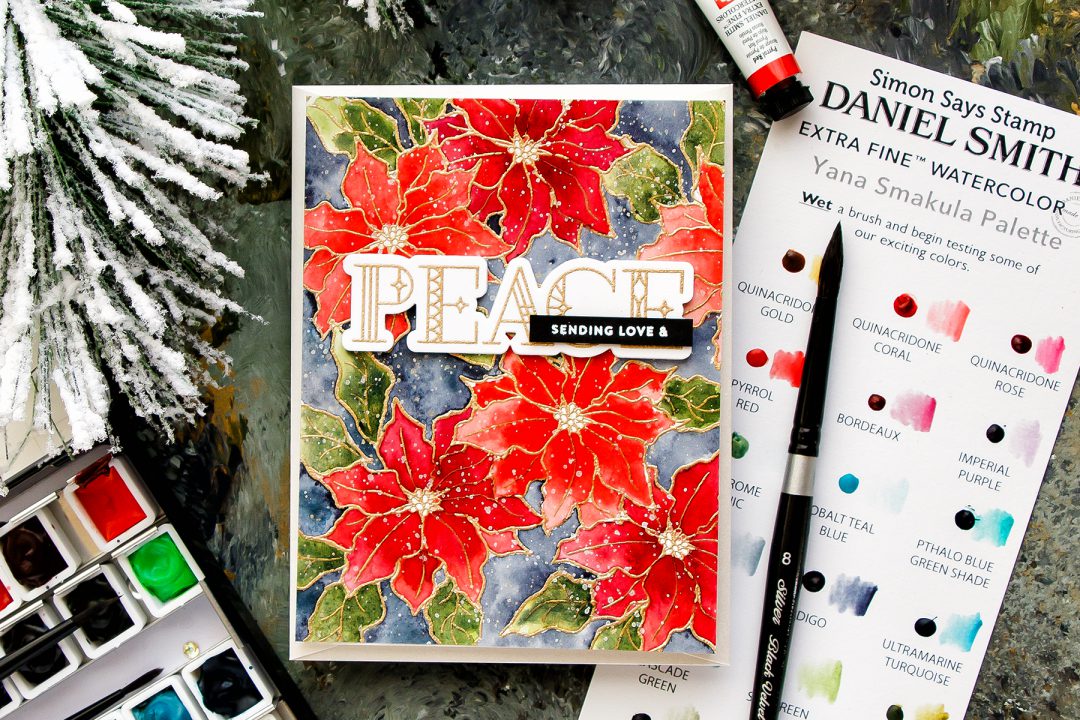 Card Making Therapy Blog Hop | Poinsettia Watercolor Background card by Yana Smakula. Video tutorial. Using Simon Says Stamp POINSETTIA stamp set