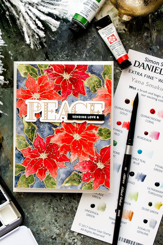 Card Making Therapy Blog Hop | Poinsettia Watercolor Background card by Yana Smakula. Video tutorial. Using Simon Says Stamp POINSETTIA stamp set