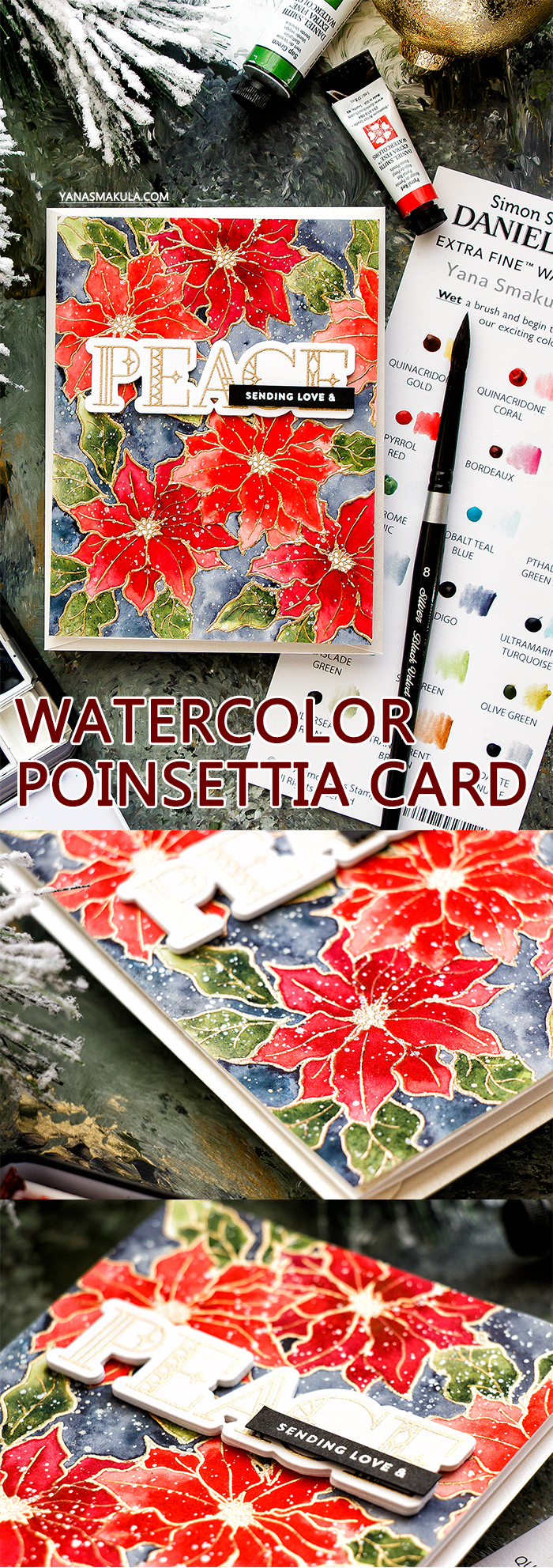Card Making Therapy Blog Hop | Poinsettia Watercolor Background card by Yana Smakula. Video tutorial. Using Simon Says Stamp POINSETTIA stamp set