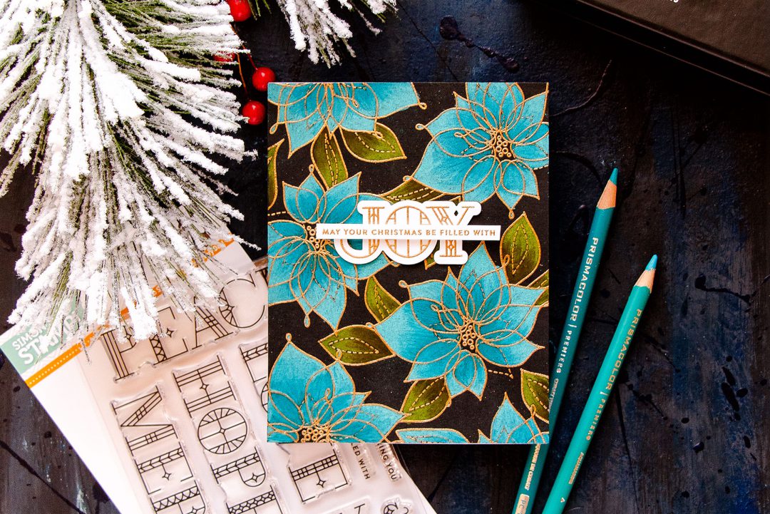 Simon Says Stamp | Blue Poinsettias on Black with Prismacolor Pencils. Simon Says Stamp Winter Flowers and Stained Glass Greetings stamps set.