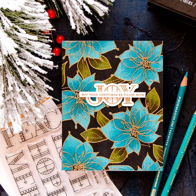 Simon Says Stamp | Blue Poinsettias on Black with Prismacolor Pencils. Simon Says Stamp Winter Flowers and Stained Glass Greetings stamps set.