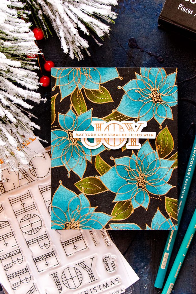 Simon Says Stamp | Blue Poinsettias on Black with Prismacolor Pencils. Simon Says Stamp Winter Flowers and Stained Glass Greetings stamps set.