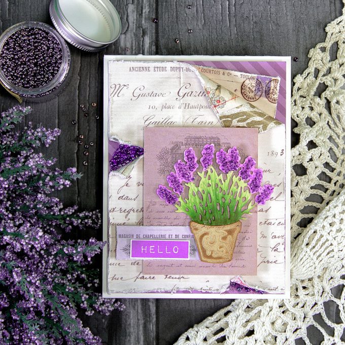 Hello Card by Yana Smakula for Spellbinders using S2-283 Lavender Planter dies 