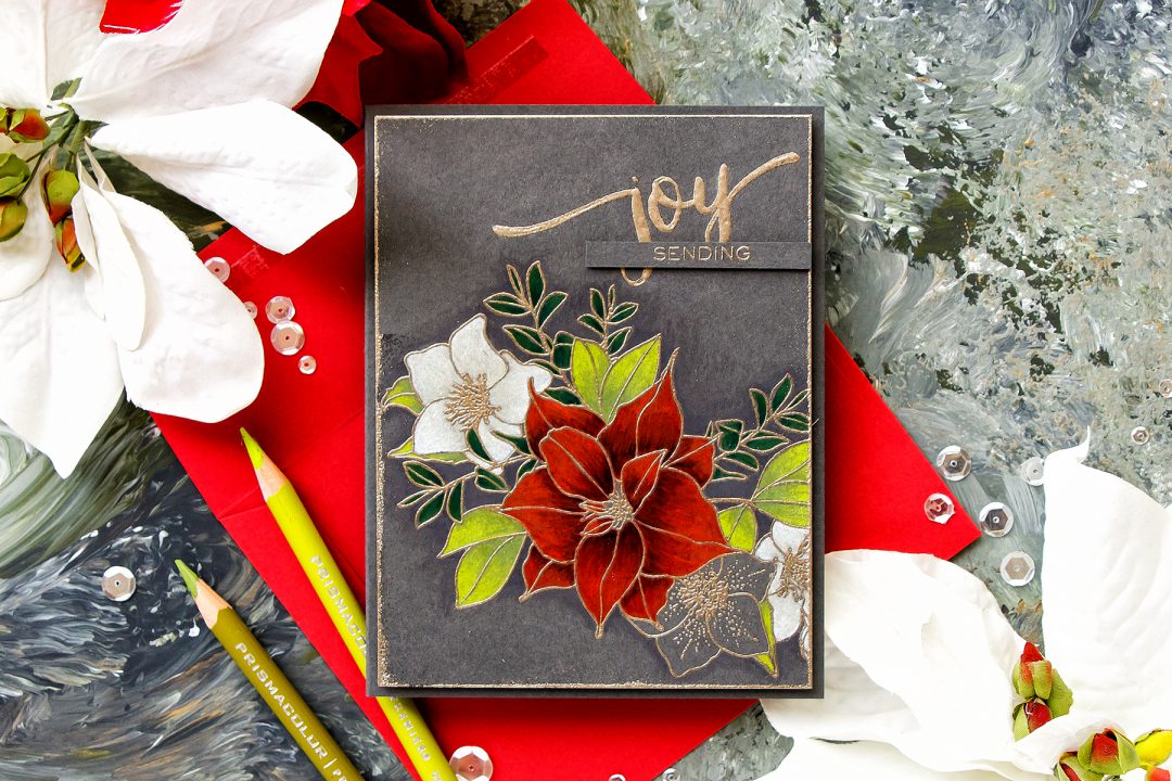 WPlus9 | Pencil Colored Christmas Rose Bouquet Card by Yana Smakula. Prismacolor pencil coloring. #wplus9 #stamping #christmascard