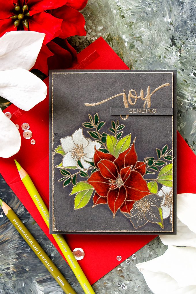 WPlus9 | Pencil Colored Christmas Rose Bouquet Card by Yana Smakula. Prismacolor pencil coloring. #wplus9 #stamping #christmascard