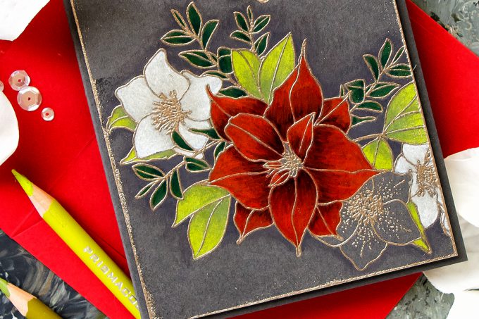 WPlus9 | Pencil Colored Christmas Rose Bouquet Card by Yana Smakula. Prismacolor pencil coloring. #wplus9 #stamping #christmascard