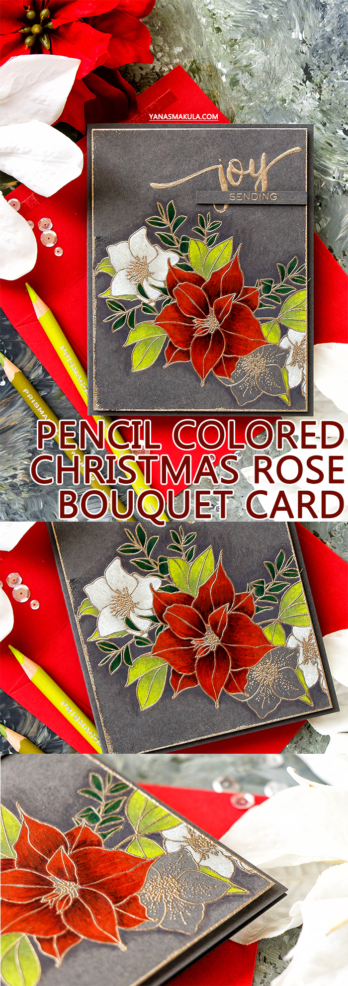 WPlus9 | Pencil Colored Christmas Rose Bouquet Card by Yana Smakula. Prismacolor pencil coloring. #wplus9 #stamping #christmascard