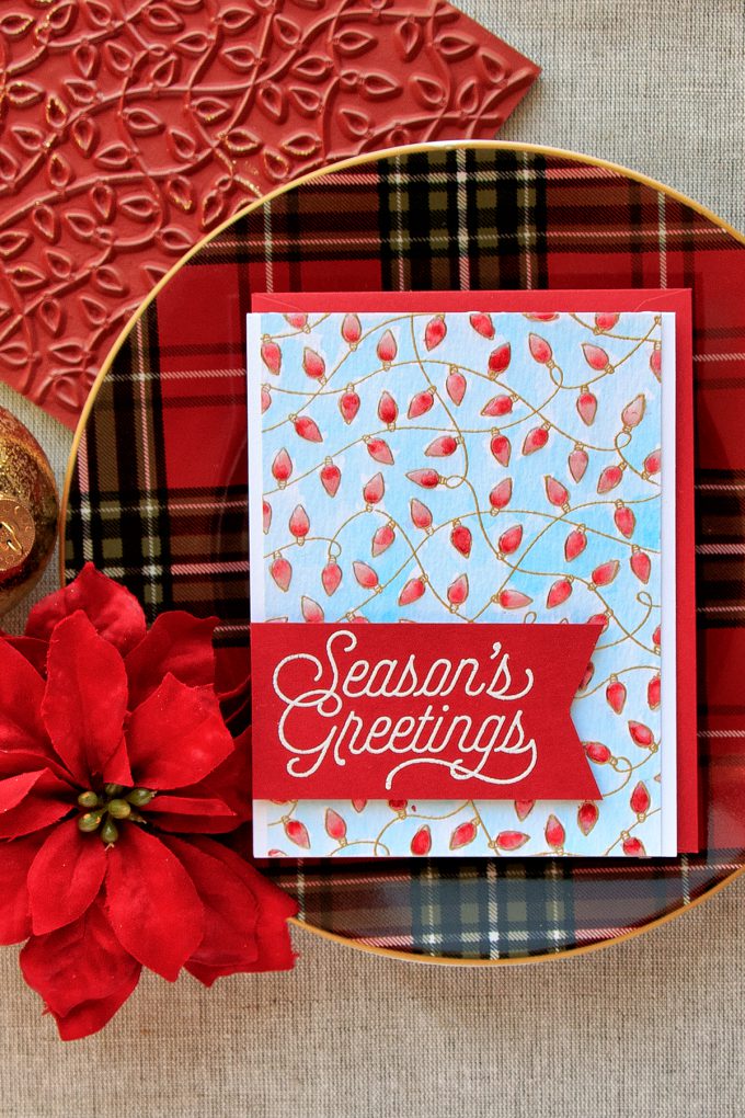 Hero Arts | Season's Greetings Card with Watercolor Christmas Lights. Project by Yana Smakula. #stamping #heroarts #christmascard