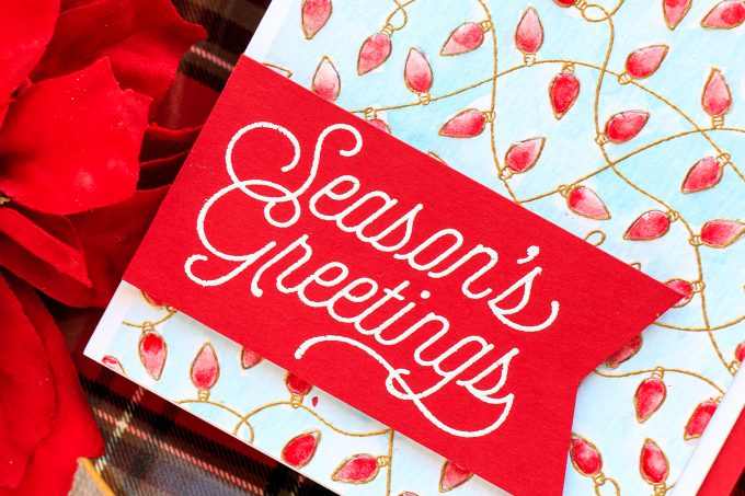 Hero Arts | Season's Greetings Card with Watercolor Christmas Lights. Project by Yana Smakula. #stamping #heroarts #christmascard