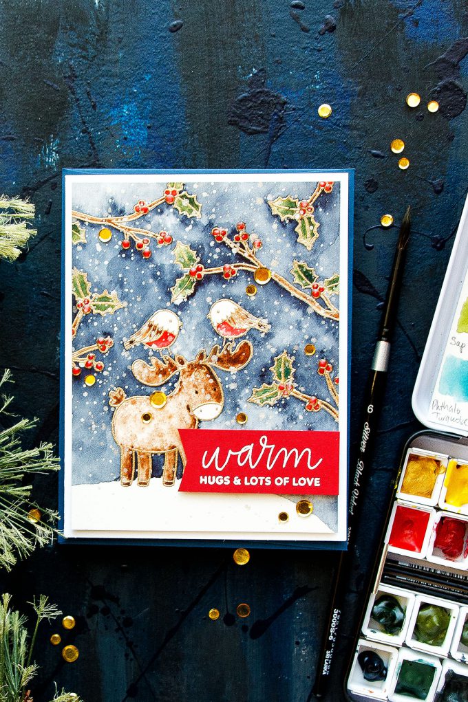 Pretty Pink Posh | Watercolor Scene Painting with Winter Woodland stamps. Video tutorial by Yana Smakula #cardmaking #prettypinkposh #stamping #watercolor #christmascard