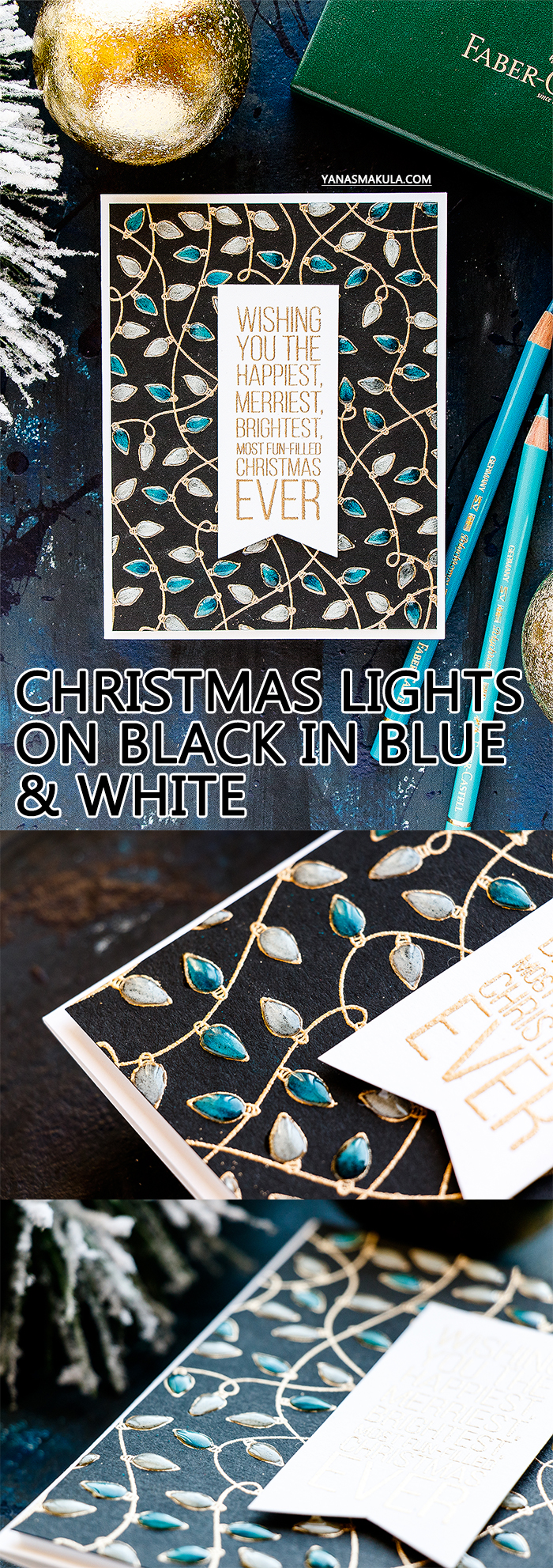 Simon Says Stamp | Christmas Lights on Black in Blue & White. Christmas Card by Yana Smakula #stamping #pencilcoloring #cardmaking