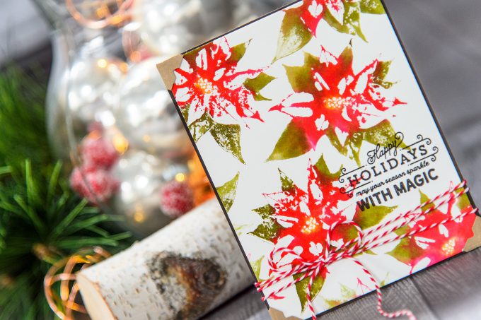 Spellbinders | Faux Watercolor Stamping with Poinsettia Holiday 3D Shading Stamp. Video tutorial. Handmade card by Yana Smakula #stamping #spellbinders #christmascard