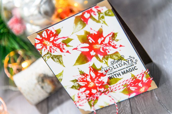Spellbinders | Faux Watercolor Stamping with Poinsettia Holiday 3D Shading Stamp. Video tutorial. Handmade card by Yana Smakula #stamping #spellbinders #christmascard
