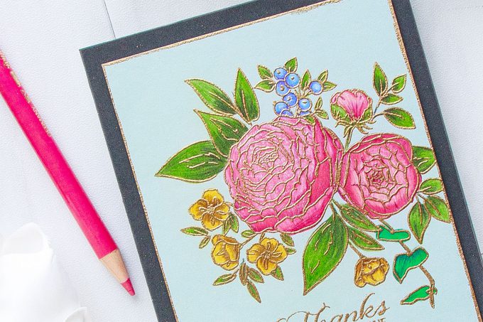 WPlus9 | Pencil Colored Ranunculus Bouquet Thank You Card #yanasmakula #pencilcoloring #wplus9