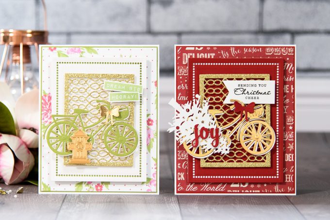 Spellbinders | Layered Dimensional Die Cutting. Episode #4 – Christmas Bicycle Card by Yana Smakula using S2-266 Ho Ho Ho, S3-272 Build a Stocking, S3-282 Bicycle, S4-793 Gossamer Knot Ensemble, S4-822 Deck the Halls, S5-308 Hemstitch Rectangles Dies #spellbinders #diecutting #christmascard #handmadecard