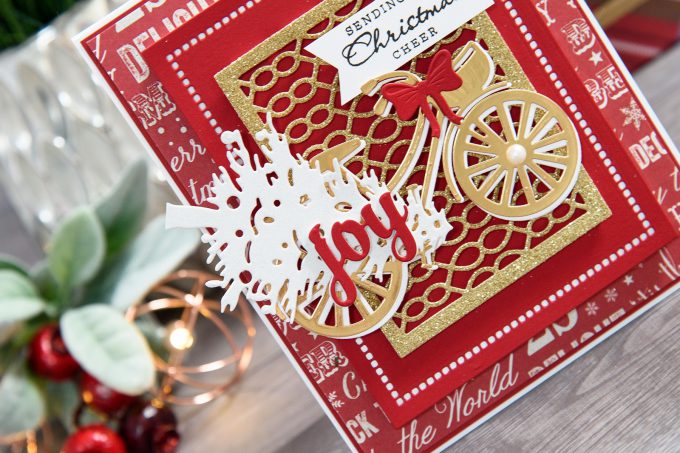 Spellbinders | Layered Dimensional Die Cutting. Episode #4 – Christmas Bicycle Card by Yana Smakula using S2-266 Ho Ho Ho, S3-272 Build a Stocking, S3-282 Bicycle, S4-793 Gossamer Knot Ensemble, S4-822 Deck the Halls, S5-308 Hemstitch Rectangles Dies #spellbinders #diecutting #christmascard #handmadecard