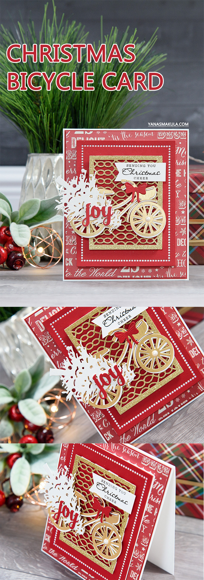 Spellbinders | Layered Dimensional Die Cutting. Episode #4 – Christmas Bicycle Card by Yana Smakula using S2-266 Ho Ho Ho, S3-272 Build a Stocking, S3-282 Bicycle, S4-793 Gossamer Knot Ensemble, S4-822 Deck the Halls, S5-308 Hemstitch Rectangles Dies #spellbinders #diecutting #christmascard #handmadecard